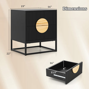 Modern Mid Century Fluted Nightstand with 2 Drawers and Pine Wood Handles for Bedroom-Black view 5