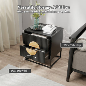 Modern Mid Century Fluted Nightstand with 2 Drawers and Pine Wood Handles for Bedroom-Black view 6