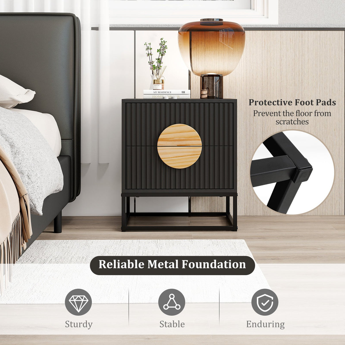 Modern Mid Century Fluted Nightstand with 2 Drawers and Pine Wood Handles for Bedroom-Black view 7