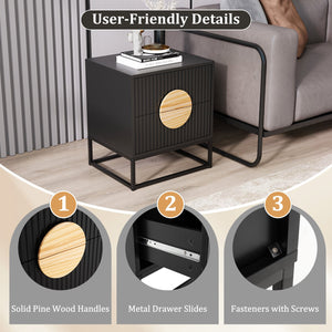 Modern Mid Century Fluted Nightstand with 2 Drawers and Pine Wood Handles for Bedroom-Black view 8