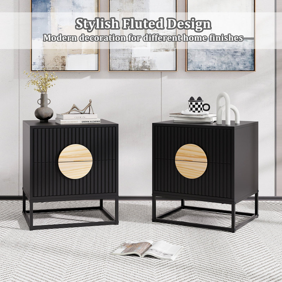 Modern Mid Century Fluted Nightstand with 2 Drawers and Pine Wood Handles for Bedroom-Black view 9