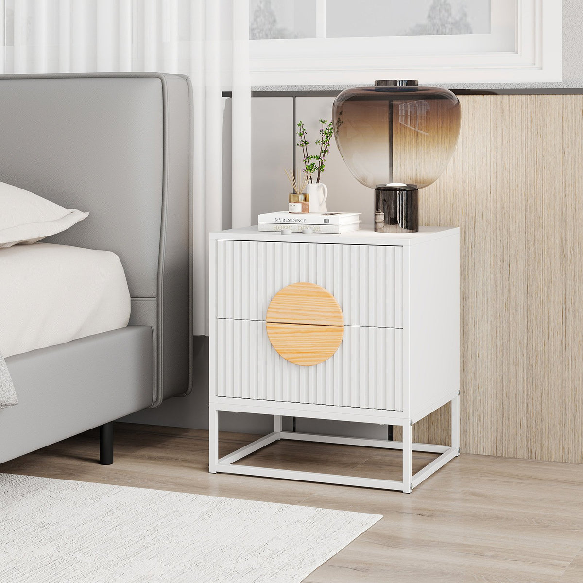 Modern Mid Century Fluted Nightstand with 2 Drawers and Pine Wood Handles for Bedroom-White view 2