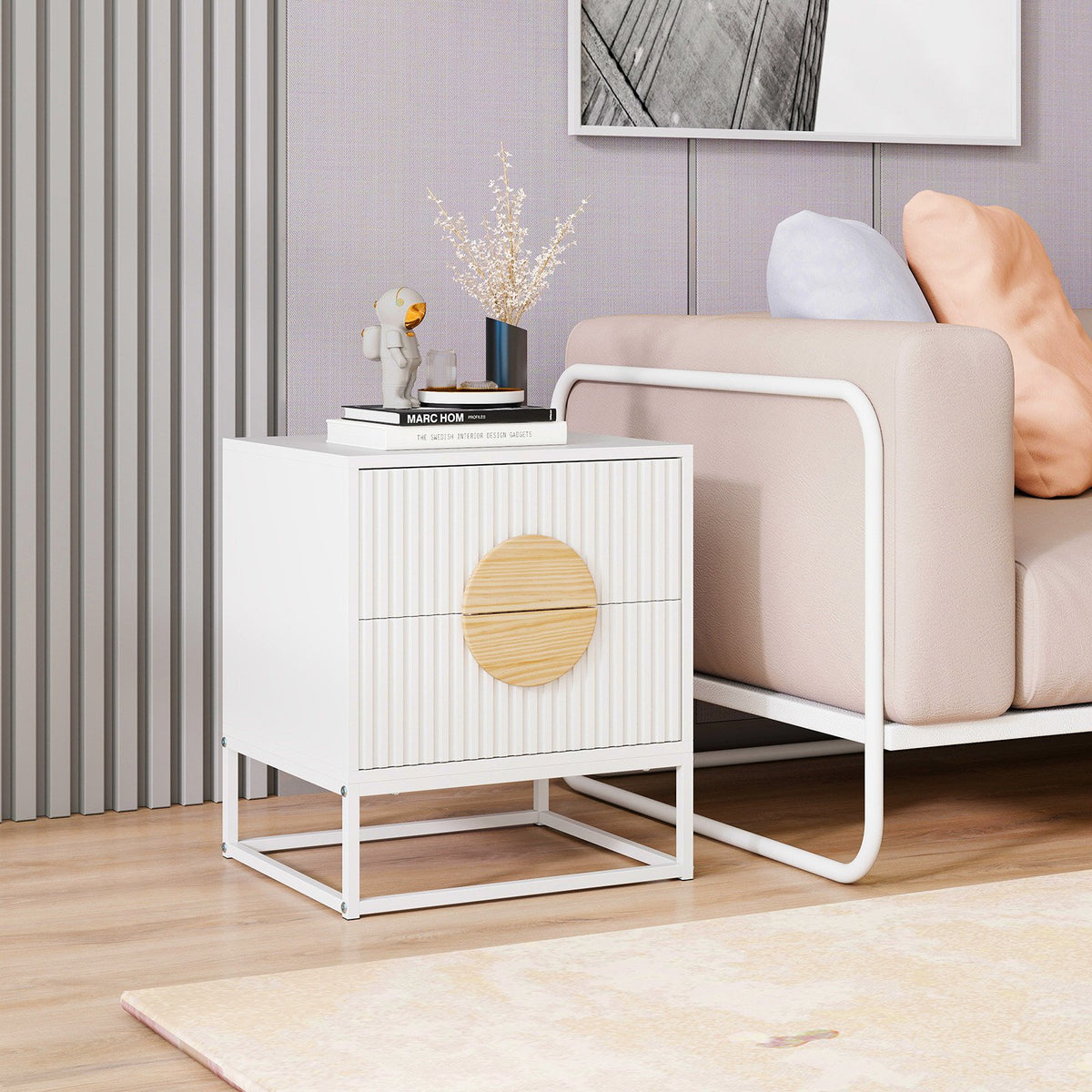 Modern Mid Century Fluted Nightstand with 2 Drawers and Pine Wood Handles for Bedroom-White view 3