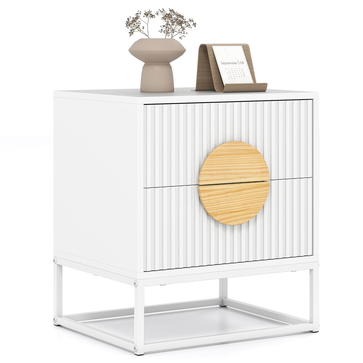 Modern Mid Century Fluted Nightstand with 2 Drawers and Pine Wood Handles for Bedroom-White view 4