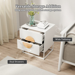 Modern Mid Century Fluted Nightstand with 2 Drawers and Pine Wood Handles for Bedroom-White view 6