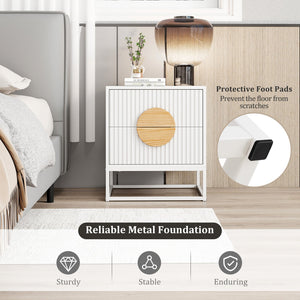 Modern Mid Century Fluted Nightstand with 2 Drawers and Pine Wood Handles for Bedroom-White view 7