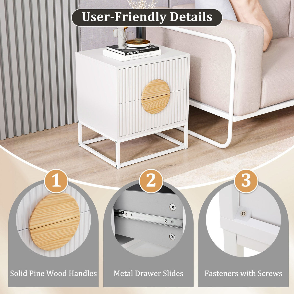 Modern Mid Century Fluted Nightstand with 2 Drawers and Pine Wood Handles for Bedroom-White view 8