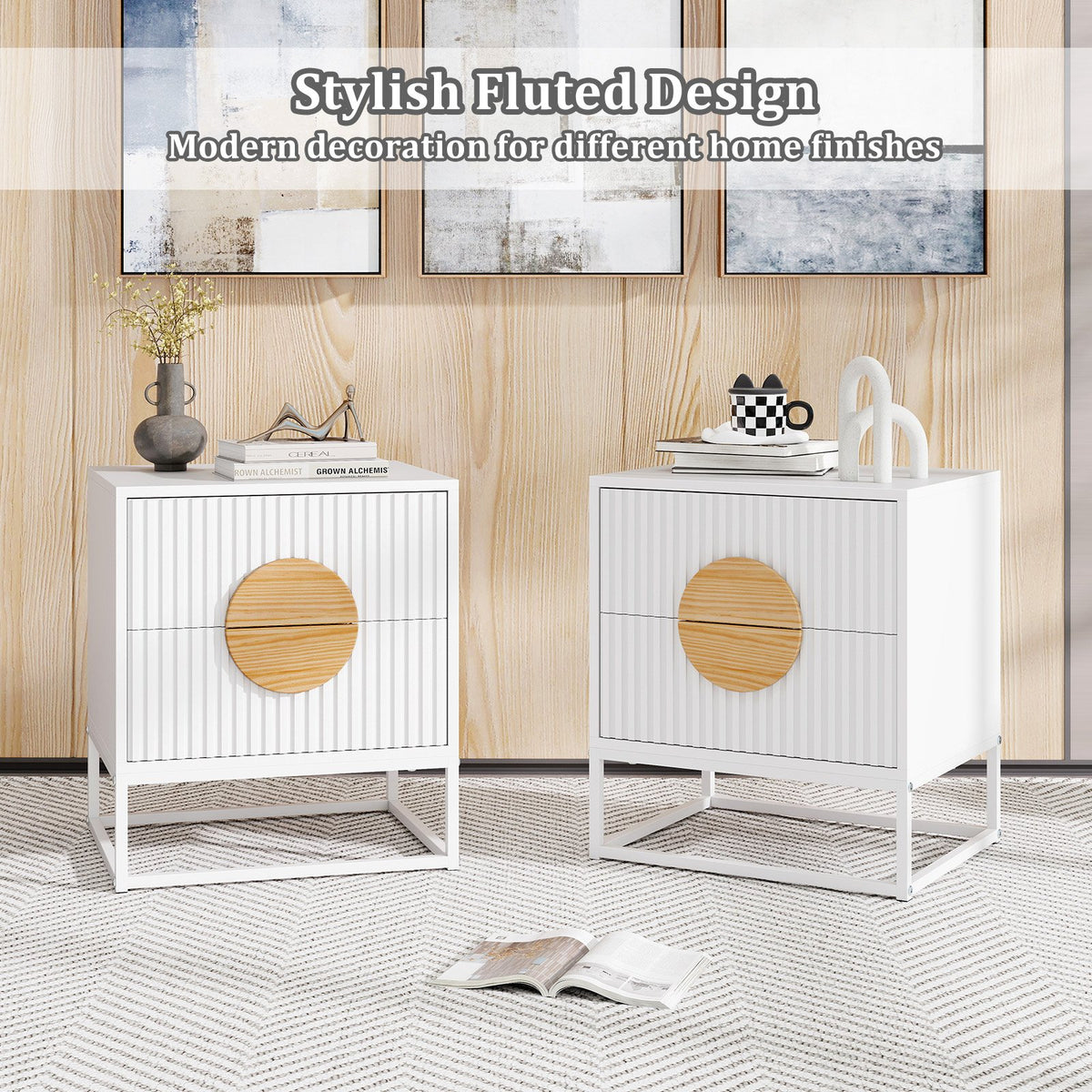 Modern Mid Century Fluted Nightstand with 2 Drawers and Pine Wood Handles for Bedroom-White view 9