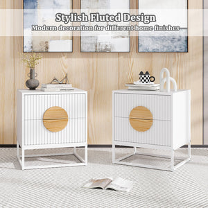 Modern Mid Century Fluted Nightstand with 2 Drawers and Pine Wood Handles for Bedroom-White view 9