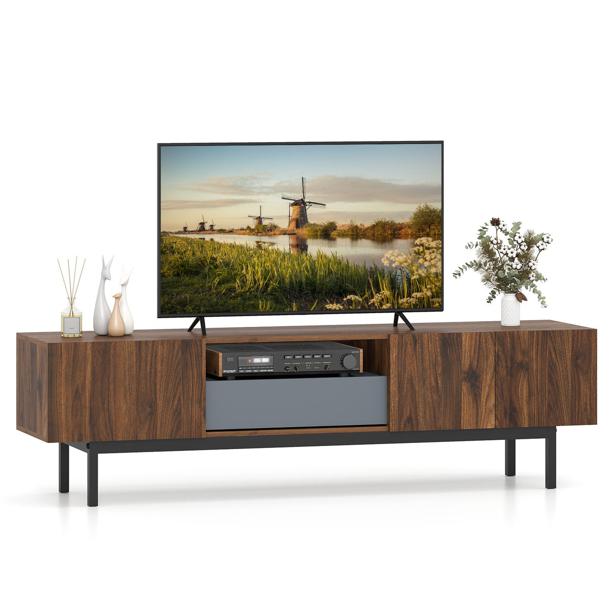 Modern Mid Century TV Cabinetfor TVs up to 82 inches with Drawer-Walnut