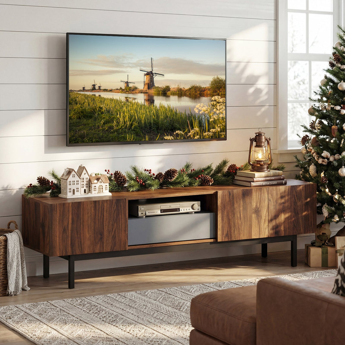 Modern Mid Century TV Cabinetfor TVs up to 82 inches with Drawer-Walnut view 2