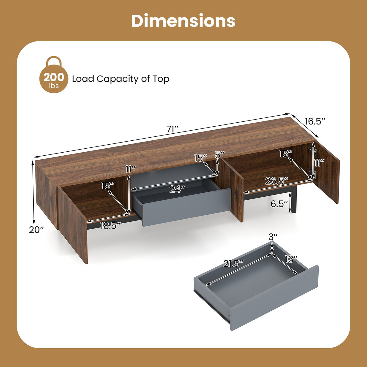Modern Mid Century TV Cabinetfor TVs up to 82 inches with Drawer-Walnut view 4