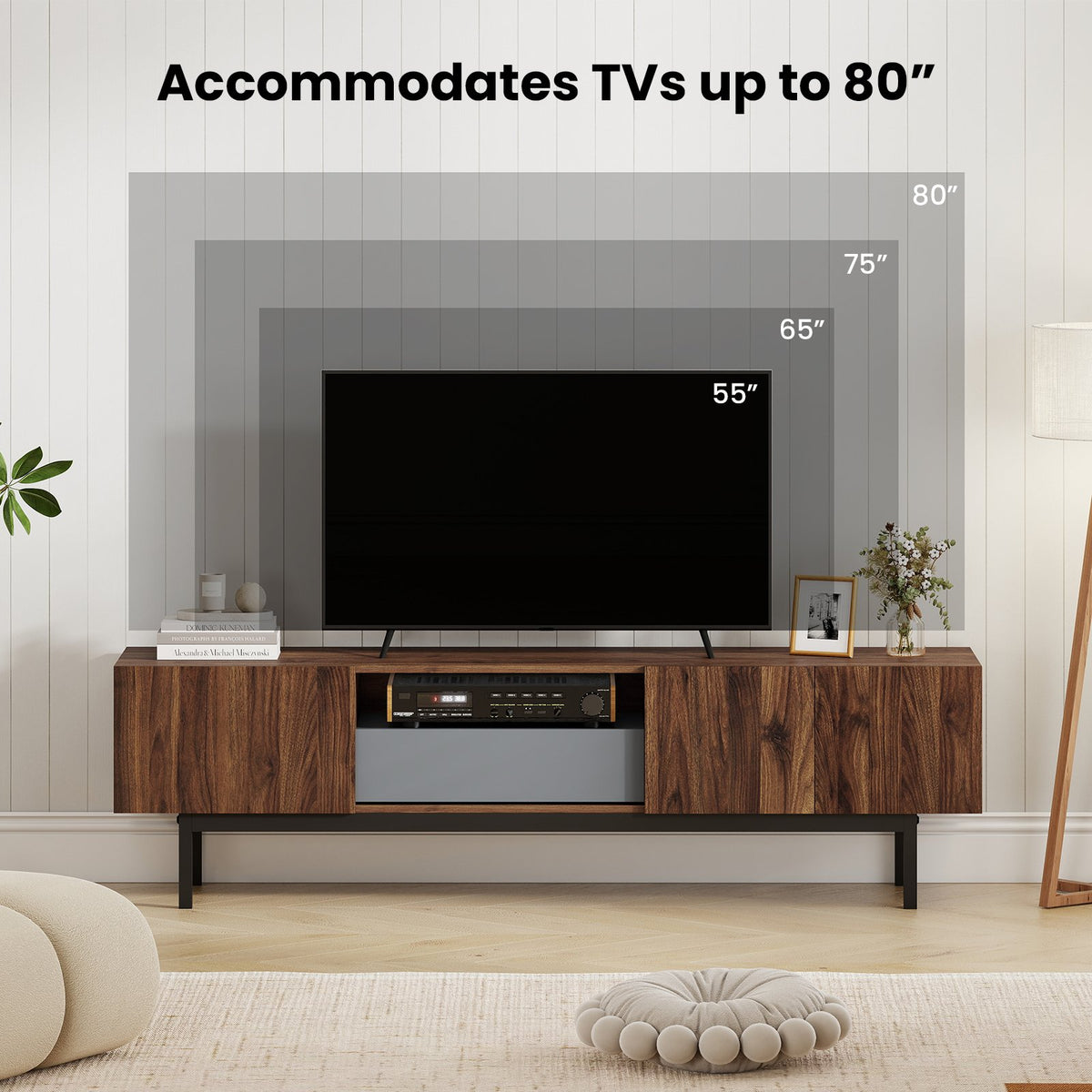 Modern Mid Century TV Cabinetfor TVs up to 82 inches with Drawer-Walnut view 7