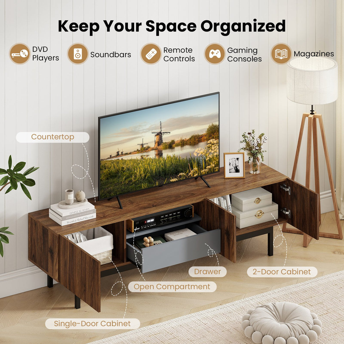 Modern Mid Century TV Cabinetfor TVs up to 82 inches with Drawer-Walnut view 8