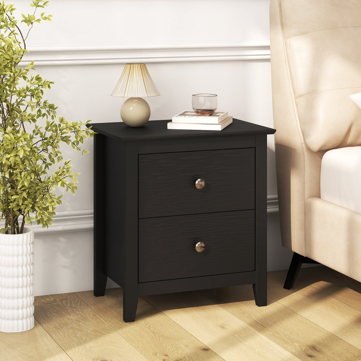 Modern Nightstand with 2 Drawers for Small Spaces-Black view 2