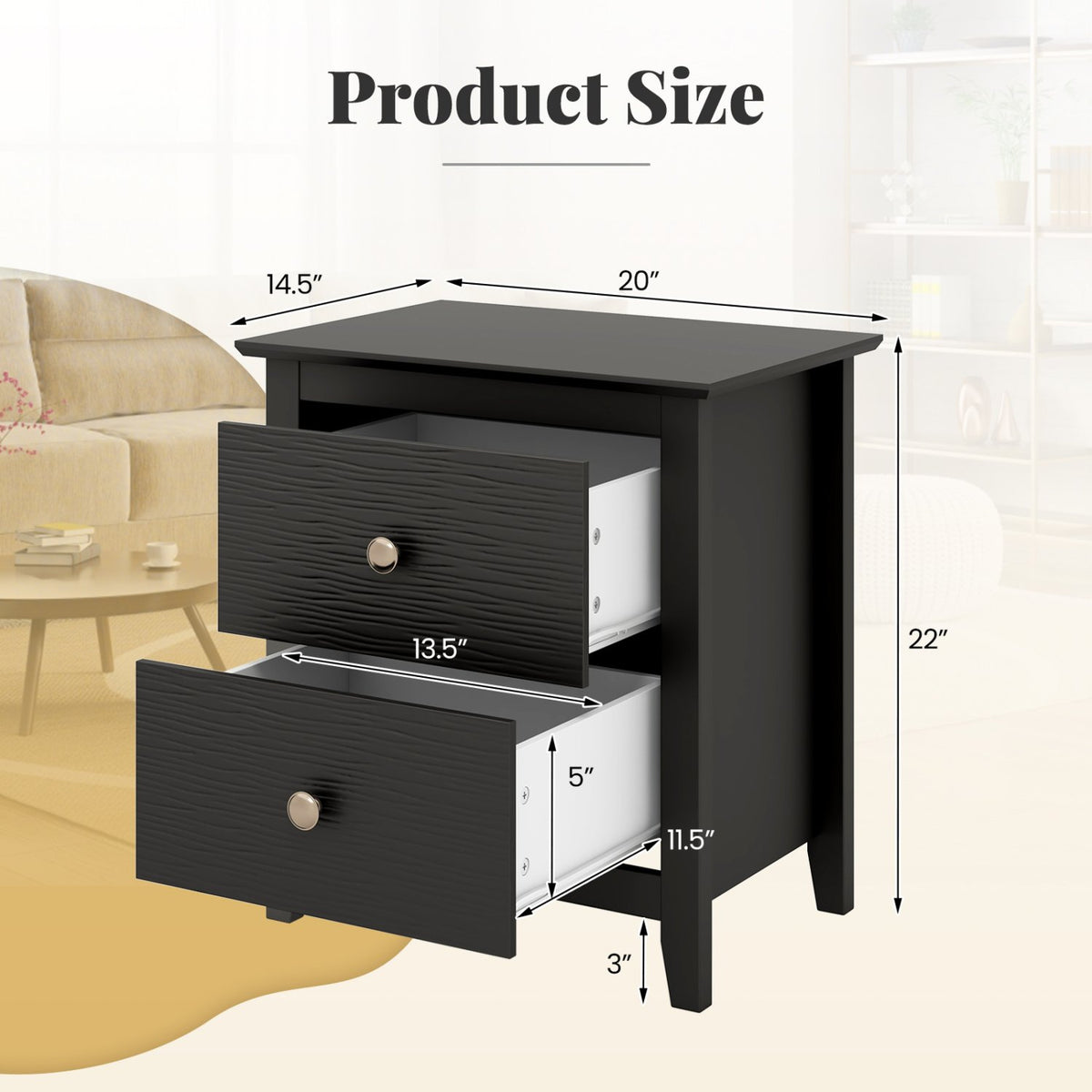 Modern Nightstand with 2 Drawers for Small Spaces-Black view 5