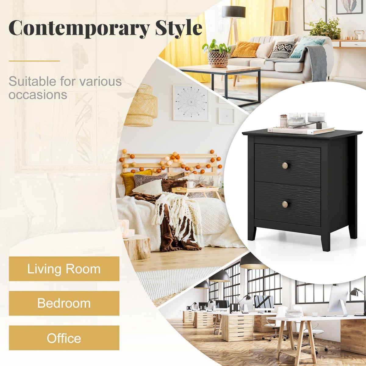Modern Nightstand with 2 Drawers for Small Spaces-Black view 8