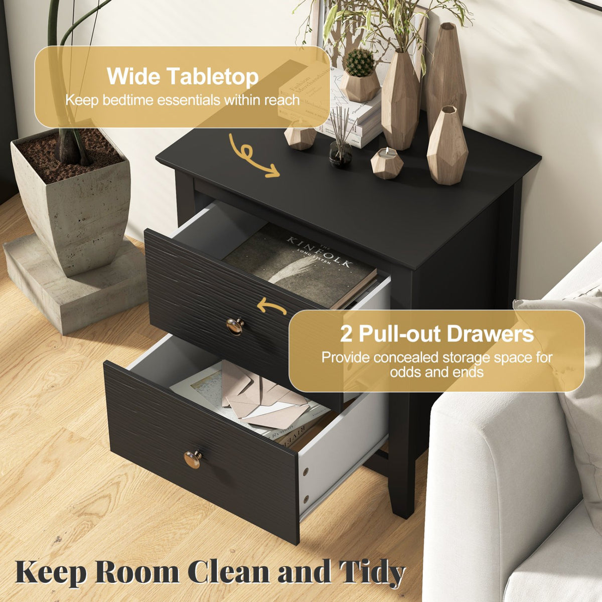 Modern Nightstand with 2 Drawers for Small Spaces-Black view 9