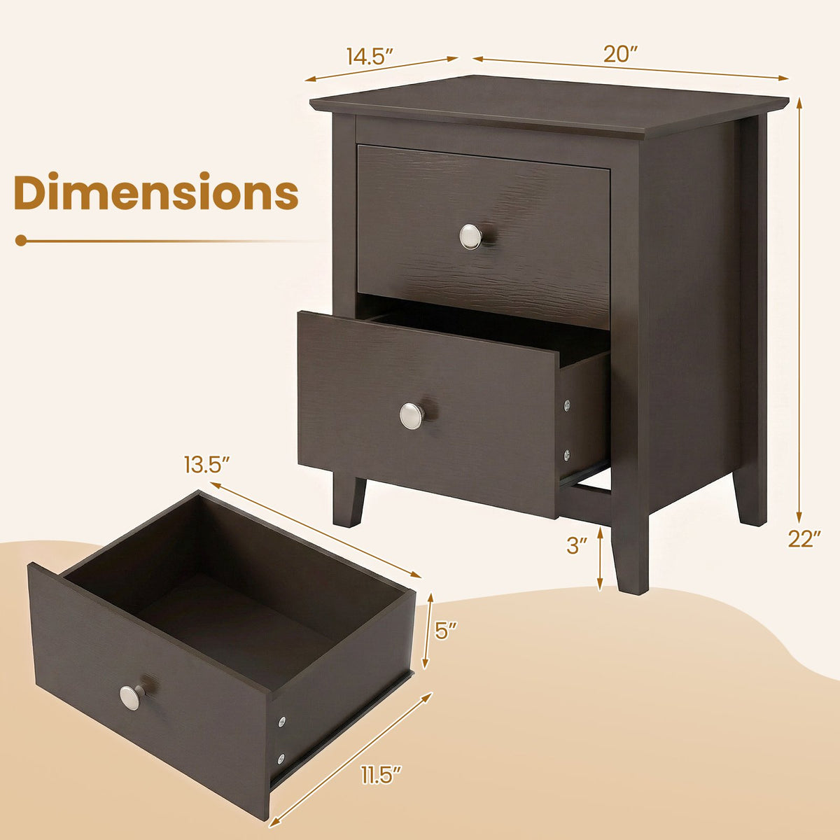 Modern Nightstand with 2 Drawers for Small Spaces-Brown view 5