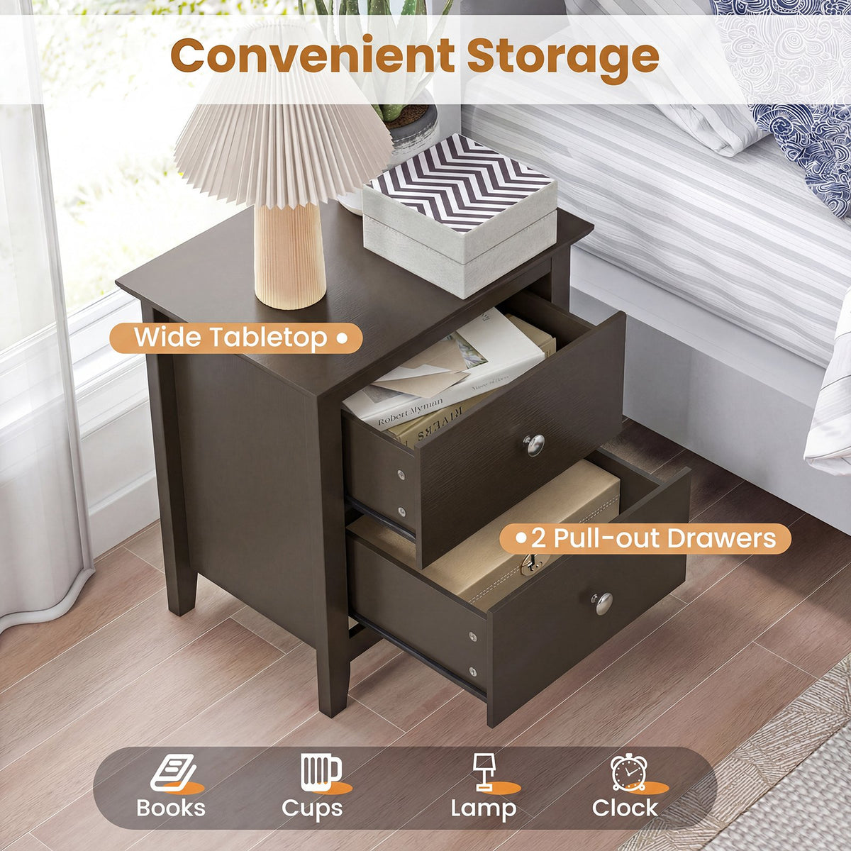 Modern Nightstand with 2 Drawers for Small Spaces-Brown view 8