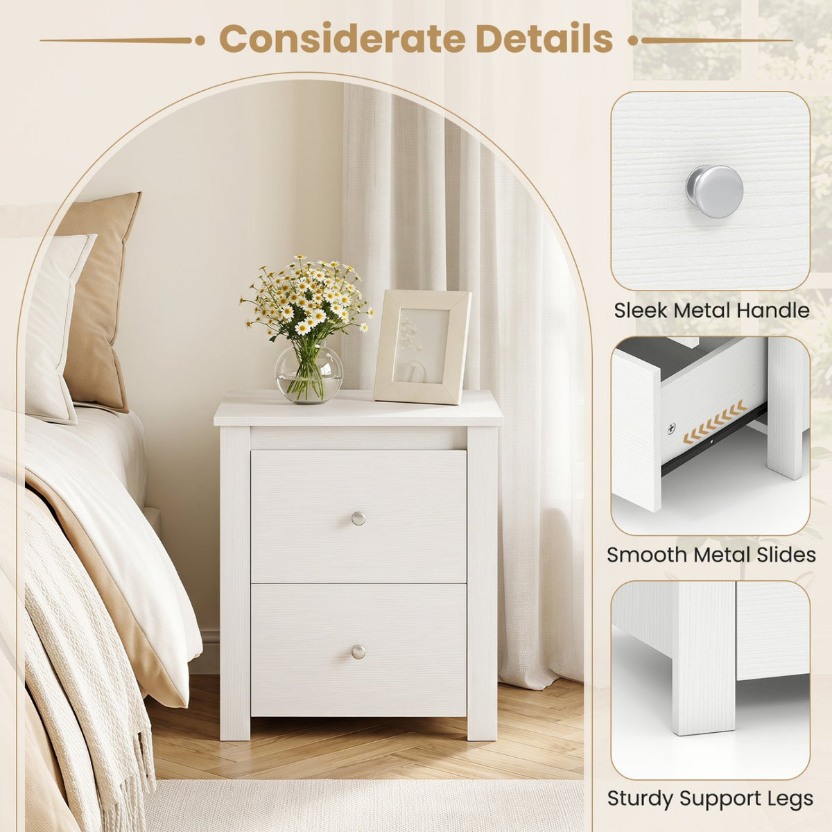 Modern Nightstand with 2 Drawers for Small Spaces-White view 6
