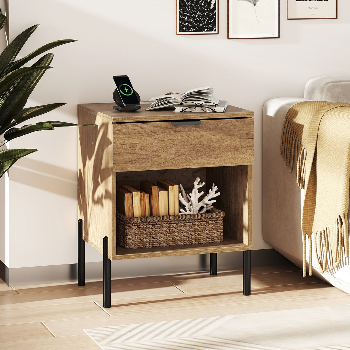 Modern Nightstand with Charging Station-Natural view 3