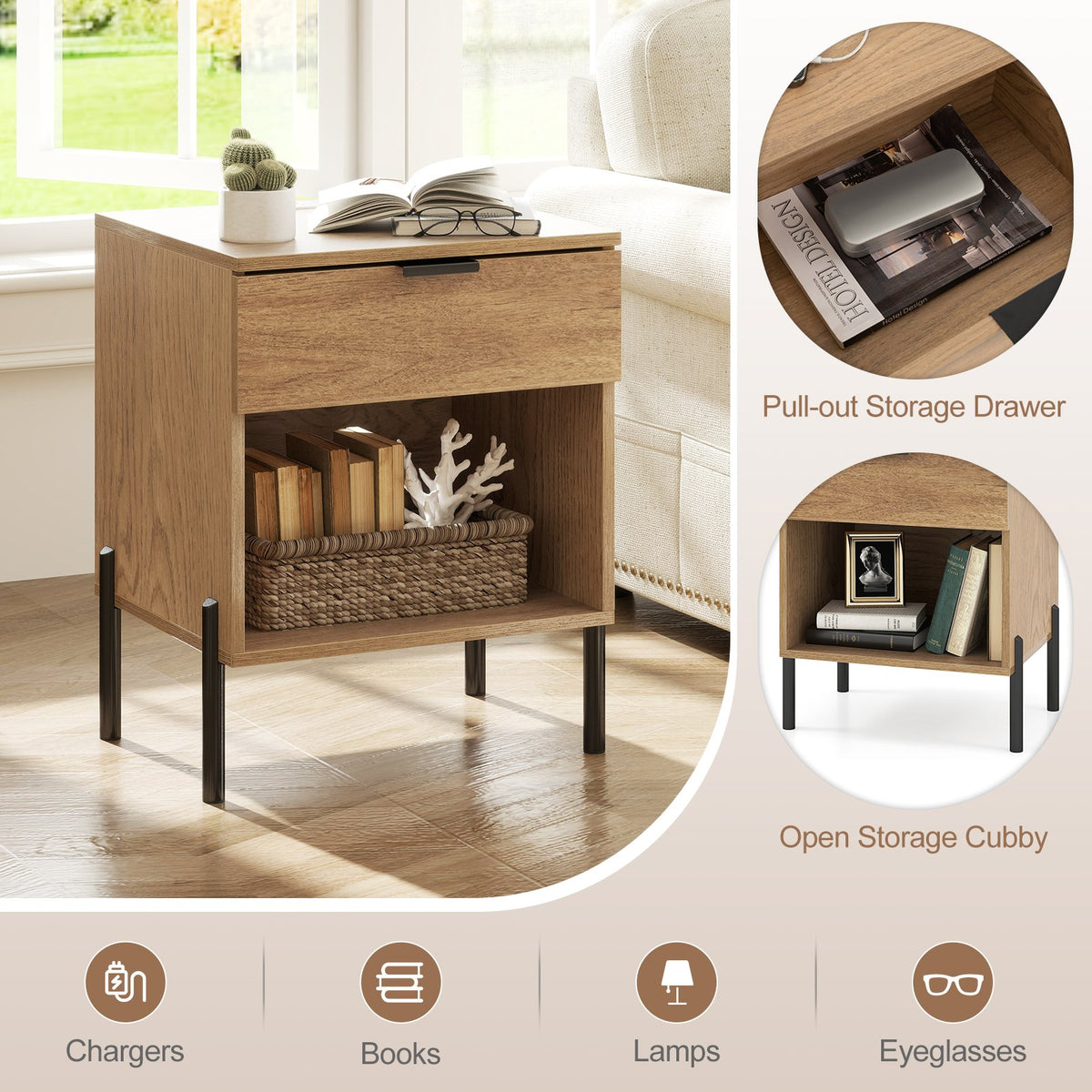 Modern Nightstand with Charging Station-Natural view 6