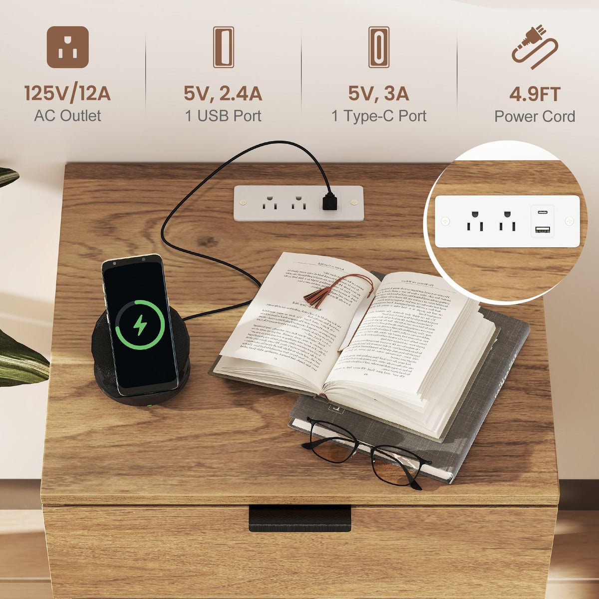 Modern Nightstand with Charging Station-Natural view 9