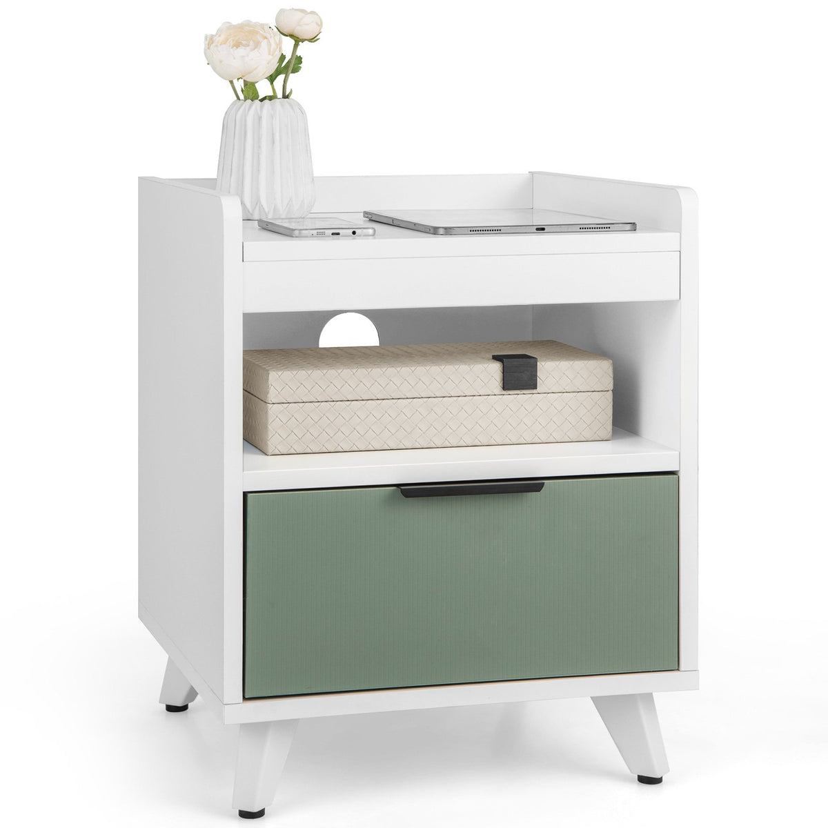 Modern Nightstand with LED Lights Sliding Drawer and Open Compartment-White view 4