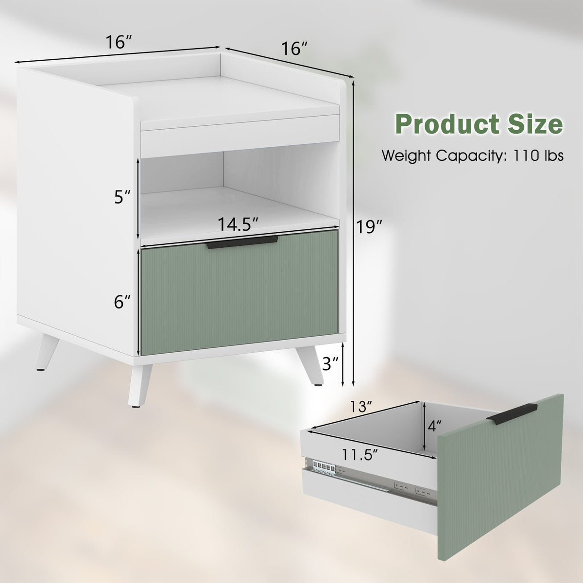 Modern Nightstand with LED Lights Sliding Drawer and Open Compartment-White view 5