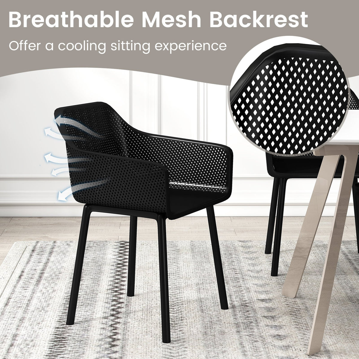 Modern Plastic Dining Chairs Set of 2 Kitchen Armchairs with Breathable Mesh Backres-Black view 5