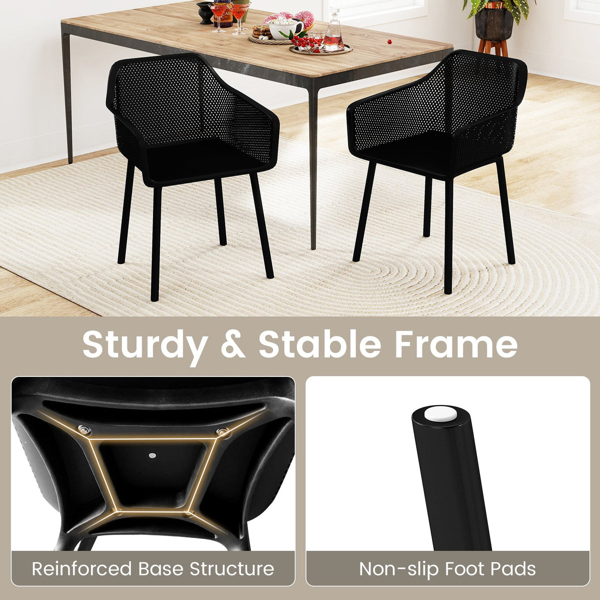 Modern Plastic Dining Chairs Set of 2 Kitchen Armchairs with Breathable Mesh Backres-Black view 7