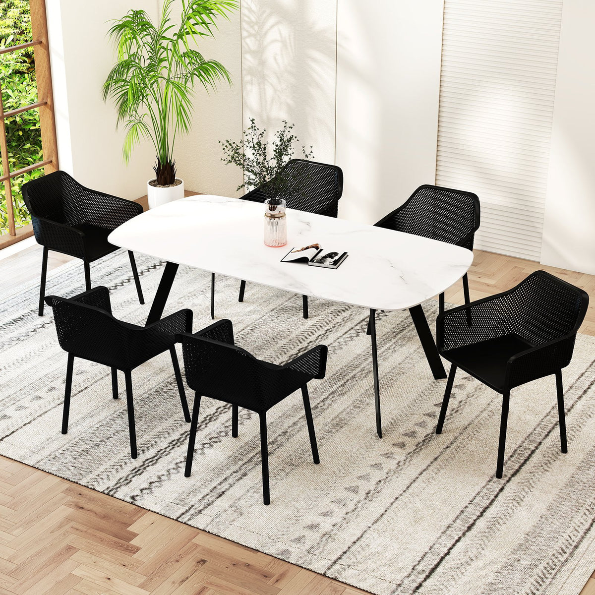 Modern Plastic Dining Chairs Set of 4 Kitchen Armchairs with Breathable Mesh Backrest-Black view 3