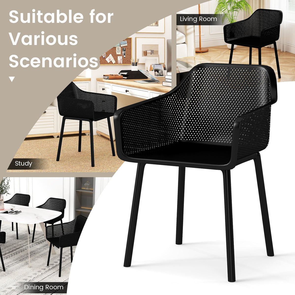 Modern Plastic Dining Chairs Set of 4 Kitchen Armchairs with Breathable Mesh Backrest-Black view 7