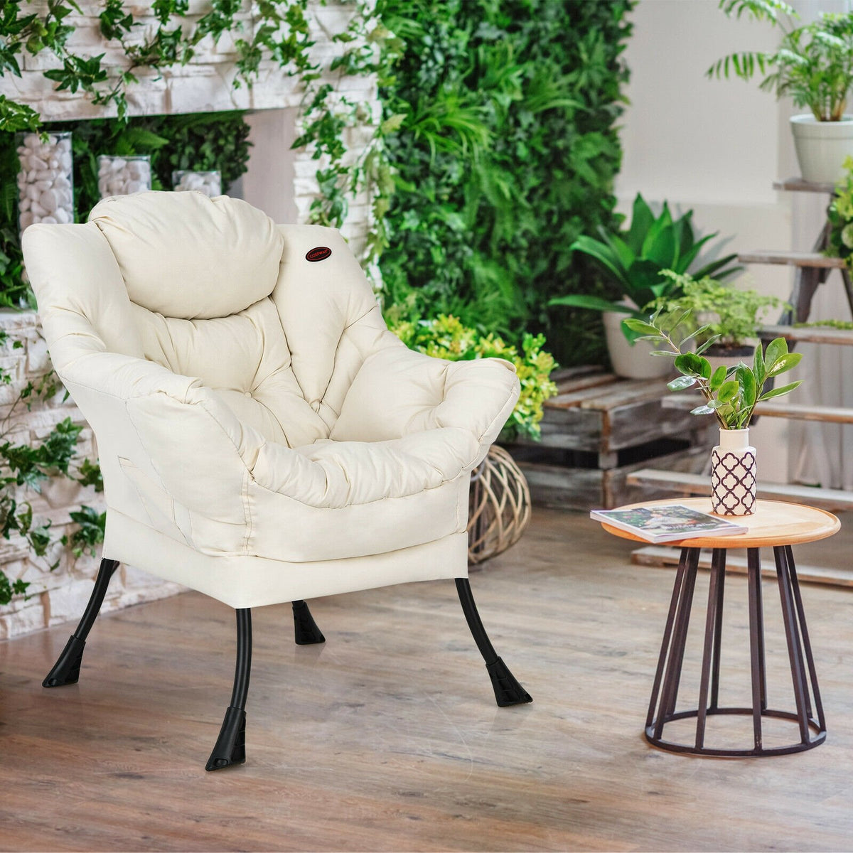 Modern Polyester Fabric Lazy Chair with Steel Frame and Side Pocket-Beige view 3