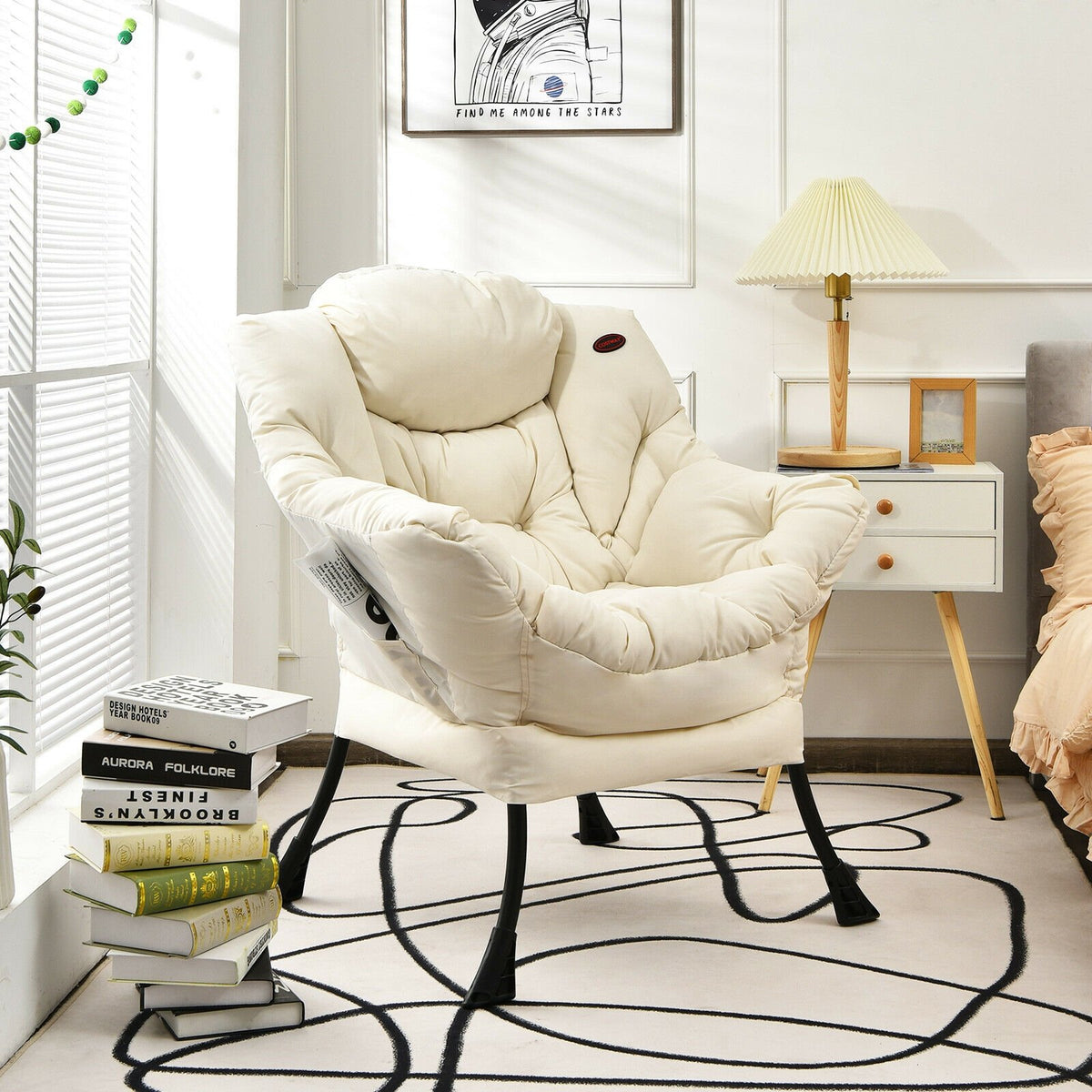 Modern Polyester Fabric Lazy Chair with Steel Frame and Side Pocket-Beige view 6