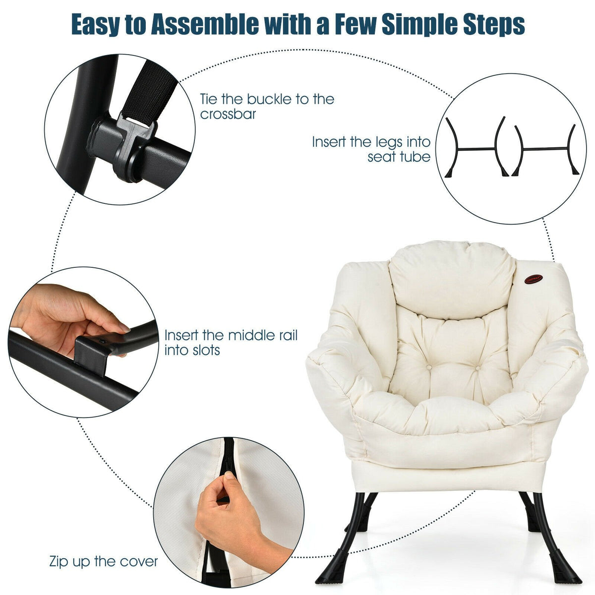 Modern Polyester Fabric Lazy Chair with Steel Frame and Side Pocket-Beige view 9