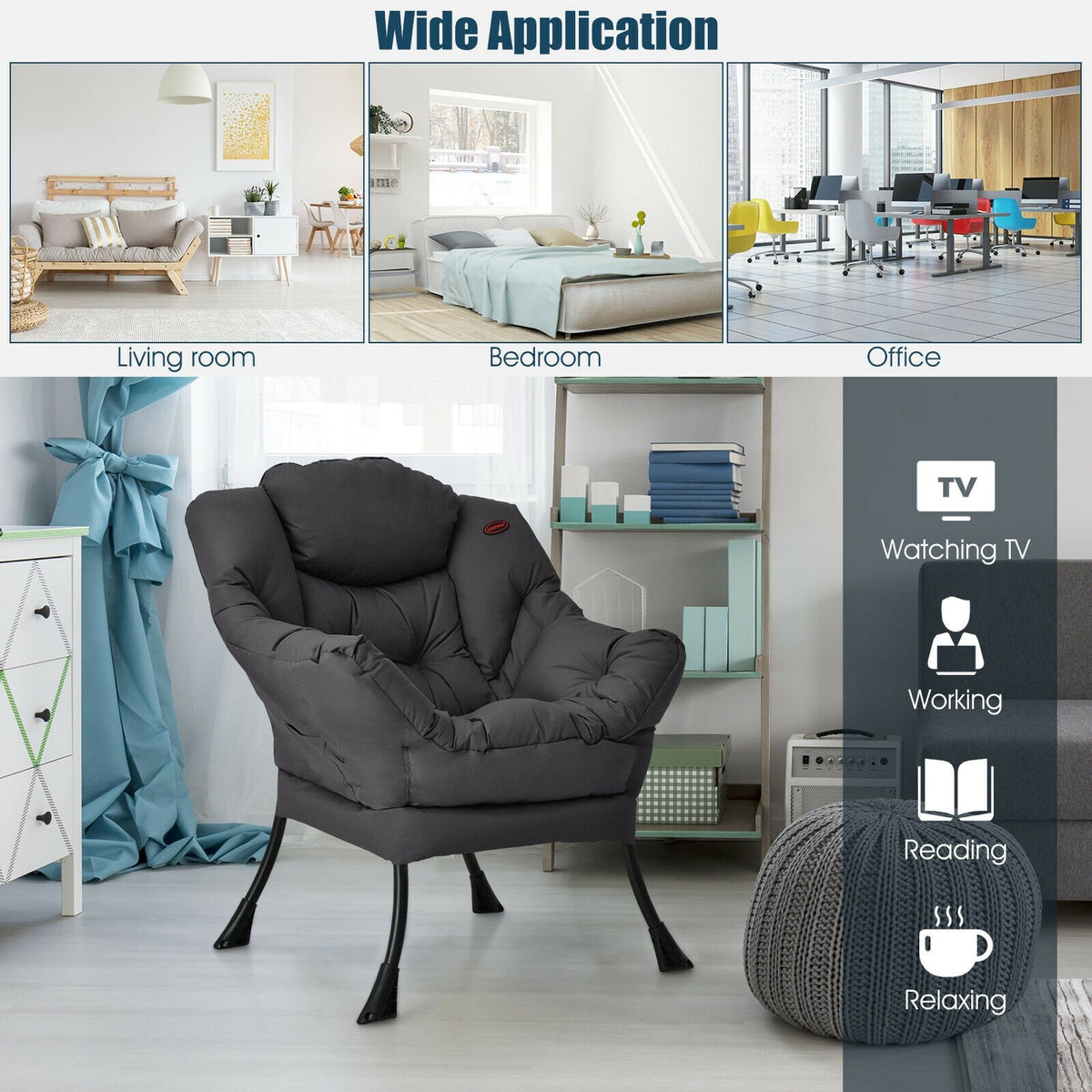 Modern Polyester Fabric Lazy Chair with Steel Frame and Side Pocket-Gray view 8