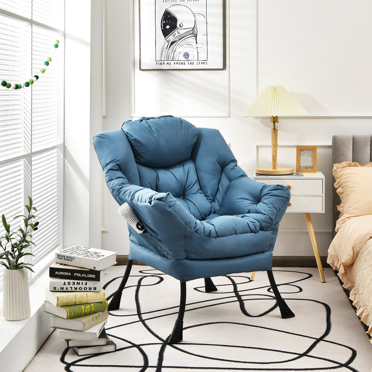Modern Polyester Fabric Lazy Chair with Steel Frame and Side Pocket-Navy view 2