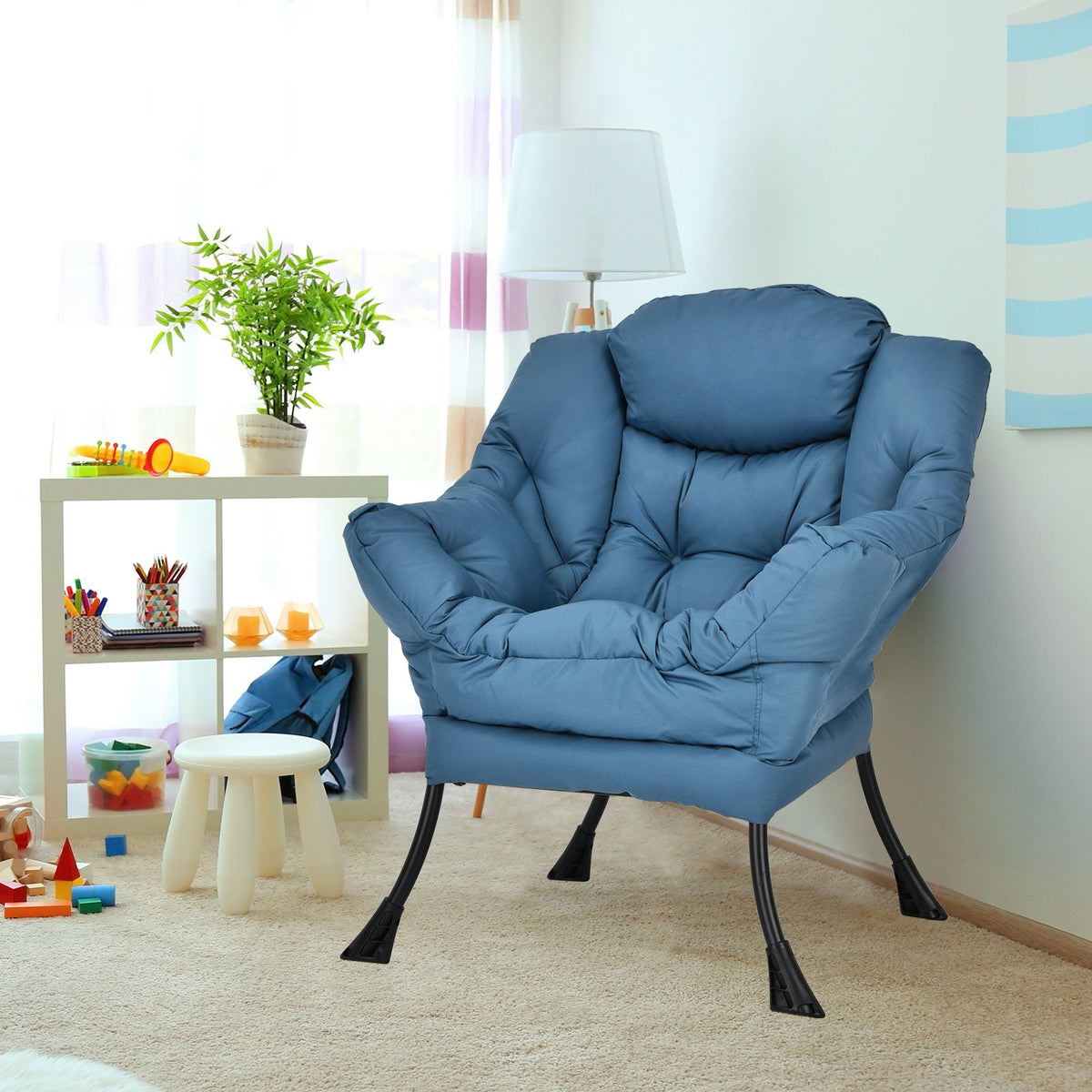 Modern Polyester Fabric Lazy Chair with Steel Frame and Side Pocket-Navy view 7