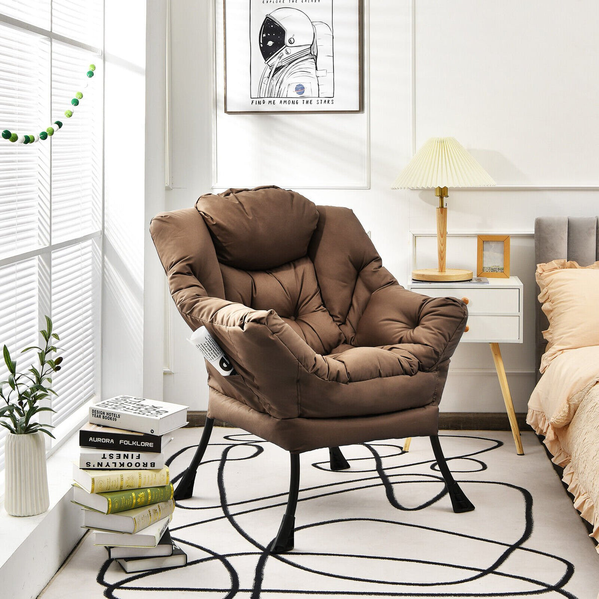 Modern Polyester Fabric Lazy Chair with Steel Frame and Side Pocket-Brown view 2