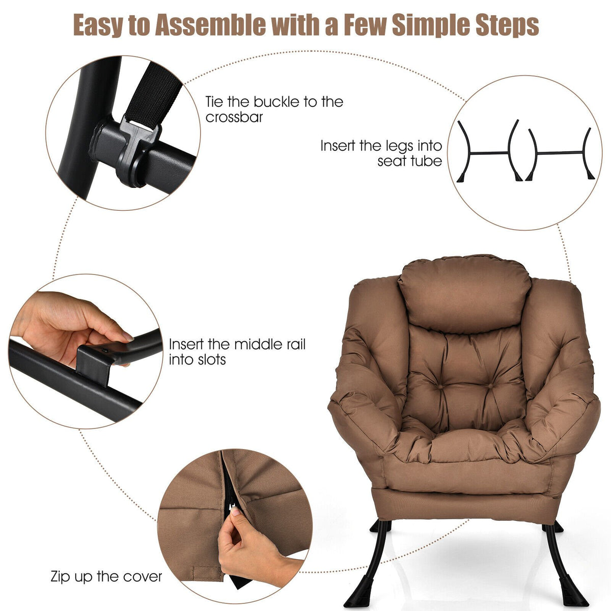Modern Polyester Fabric Lazy Chair with Steel Frame and Side Pocket-Brown view 9