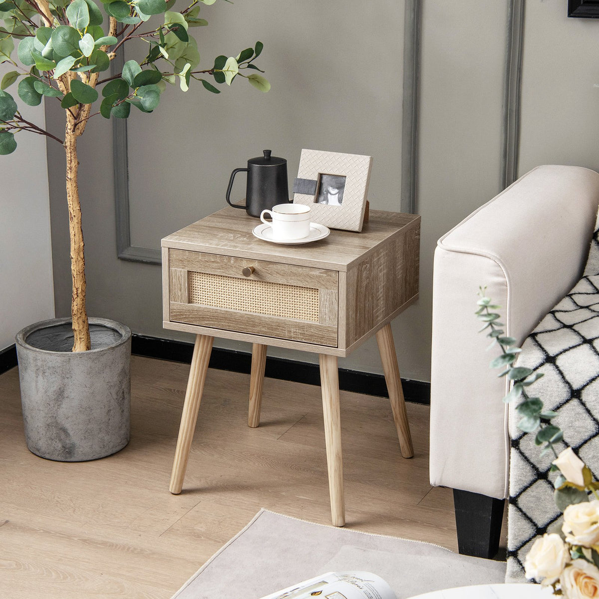 Modern Rattan Nightstand with Drawer and Solid Wood Legs for Bedroom and Living Room-Natural view 2