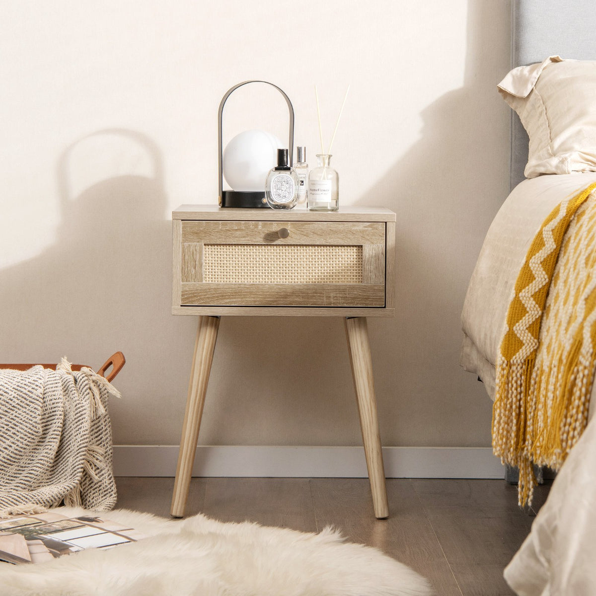 Modern Rattan Nightstand with Drawer and Solid Wood Legs for Bedroom and Living Room-Natural view 3