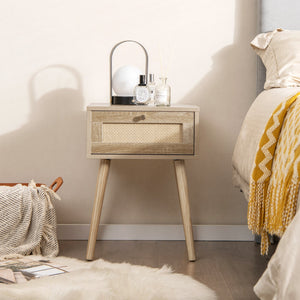 Modern Rattan Nightstand with Drawer and Solid Wood Legs for Bedroom and Living Room-Natural view 3