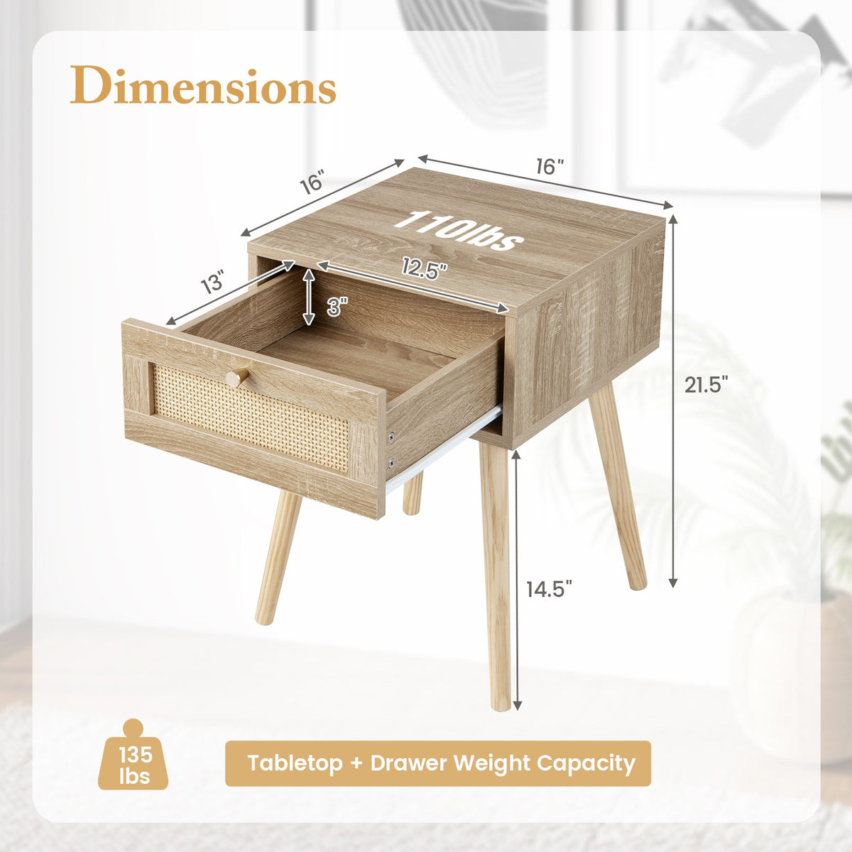 Modern Rattan Nightstand with Drawer and Solid Wood Legs for Bedroom and Living Room-Natural view 4