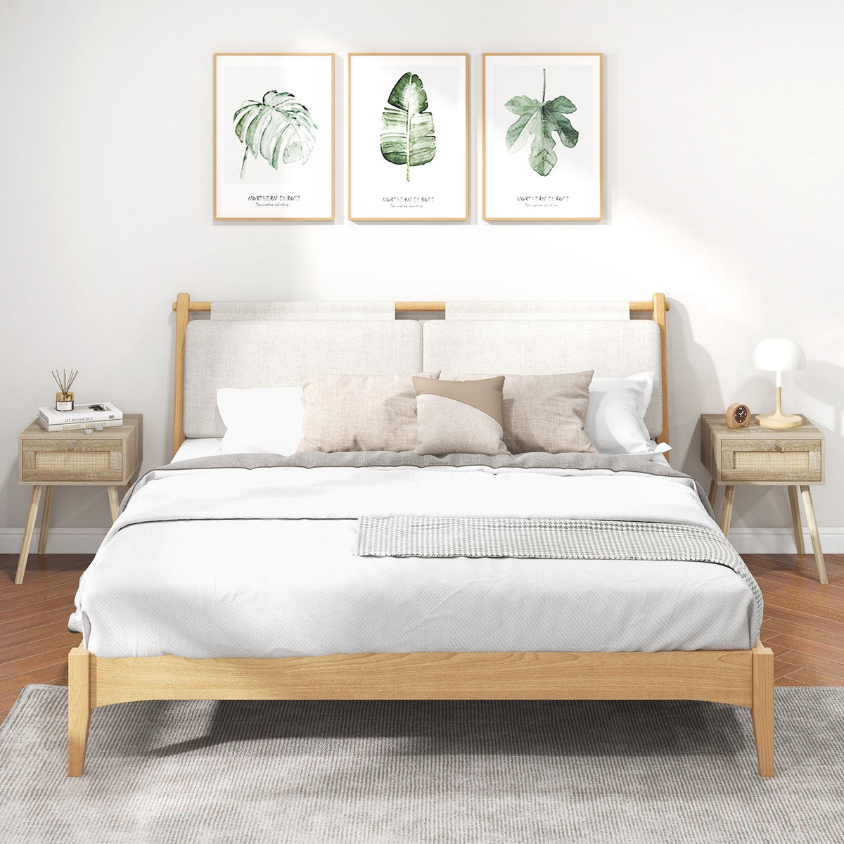 Modern Rattan Nightstand with Drawer and Solid Wood Legs for Bedroom and Living Room-Natural view 5
