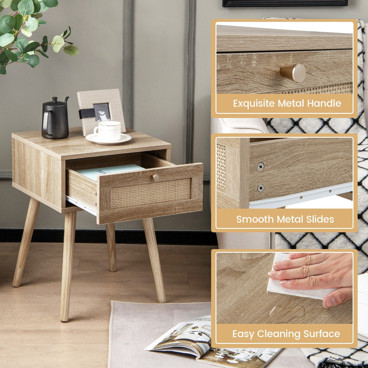 Modern Rattan Nightstand with Drawer and Solid Wood Legs for Bedroom and Living Room-Natural view 8
