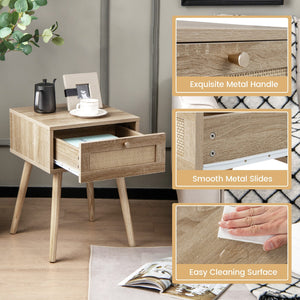 Modern Rattan Nightstand with Drawer and Solid Wood Legs for Bedroom and Living Room-Natural view 8