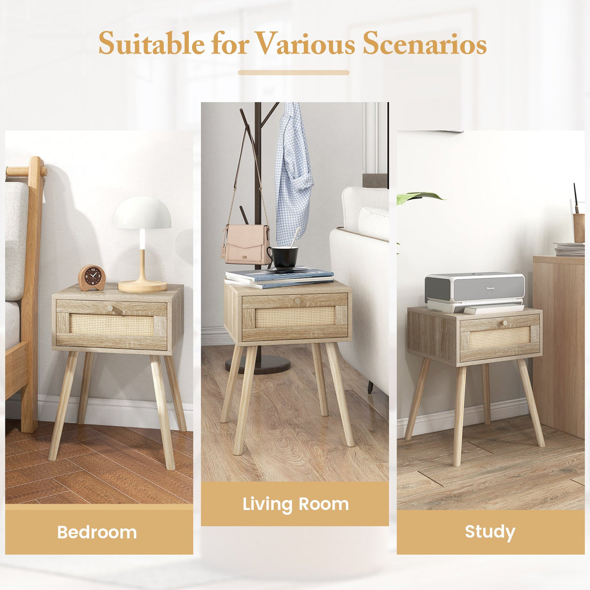 Modern Rattan Nightstand with Drawer and Solid Wood Legs for Bedroom and Living Room-Natural view 9